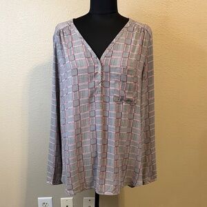 Pleione Red and Gray Plaid V-Neck Blouse